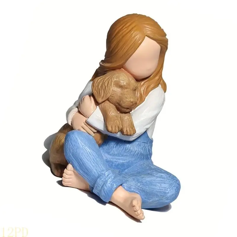 12PD Lovely Little Girl Embraces Puppies Figurine Resin Sculpture Loss of Pet Sympathy Gift for Indoor Home Office Decorations