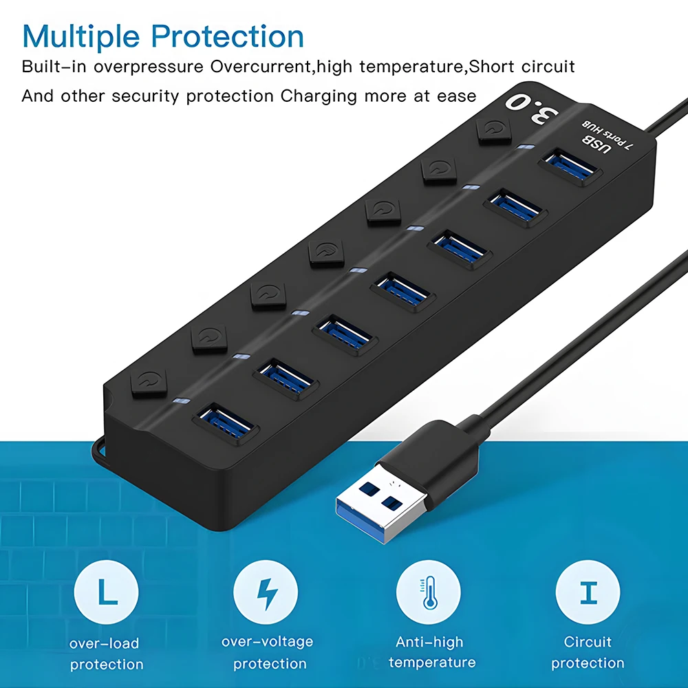 USB 3.0 Power Adapter 7 Port Multi USB Splitter Hub USB Hub 2.0 USB Multiple Expander Switch 30CM Cable Hub Docking Stations image 6