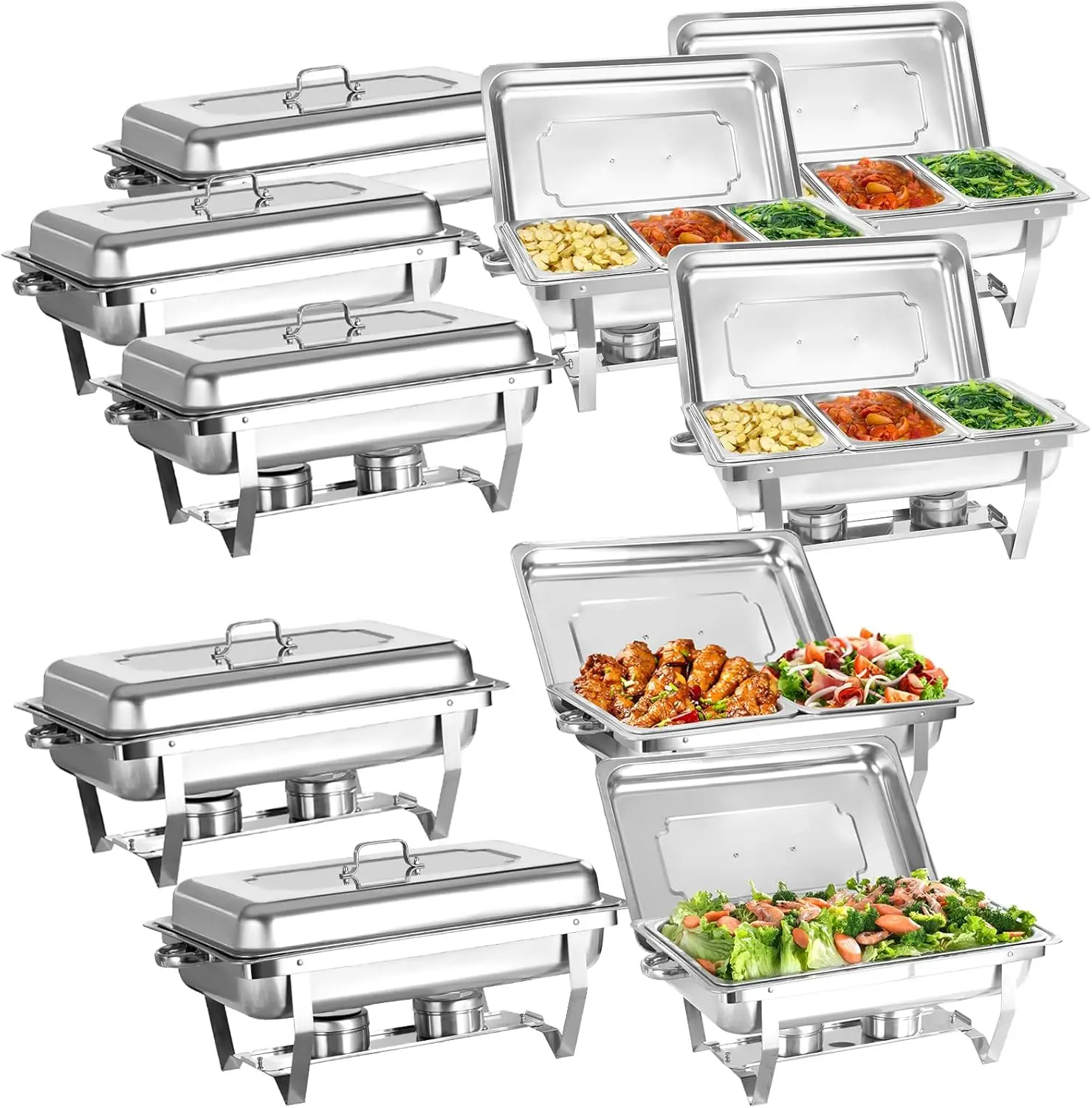 10 Pack Chafing Dish Buffet Set, Stainless Steel Catering Food Warmer For Banquet, Parties, Wedding (6 Packs 8Qt 1/3 Pan + 2