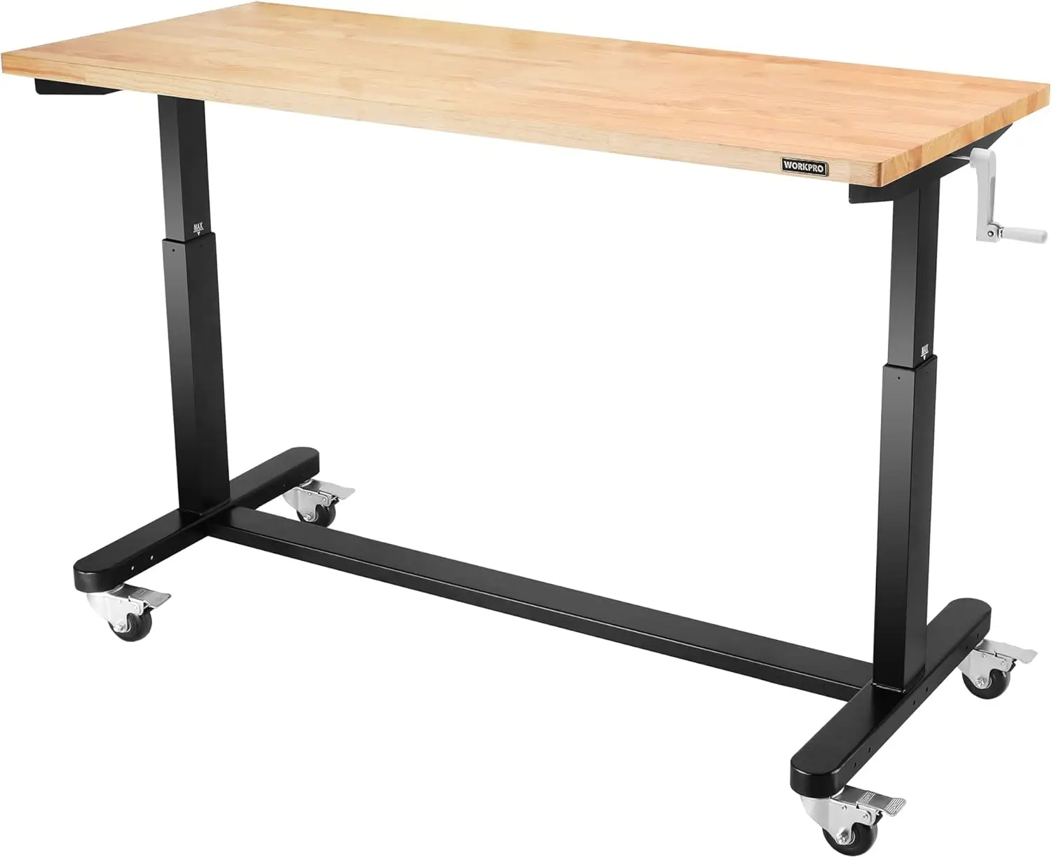 60” Height Adjustable Work Table with Crank Handle and Casters, 60” x 24” Wooden Top Standing Desk Workbench