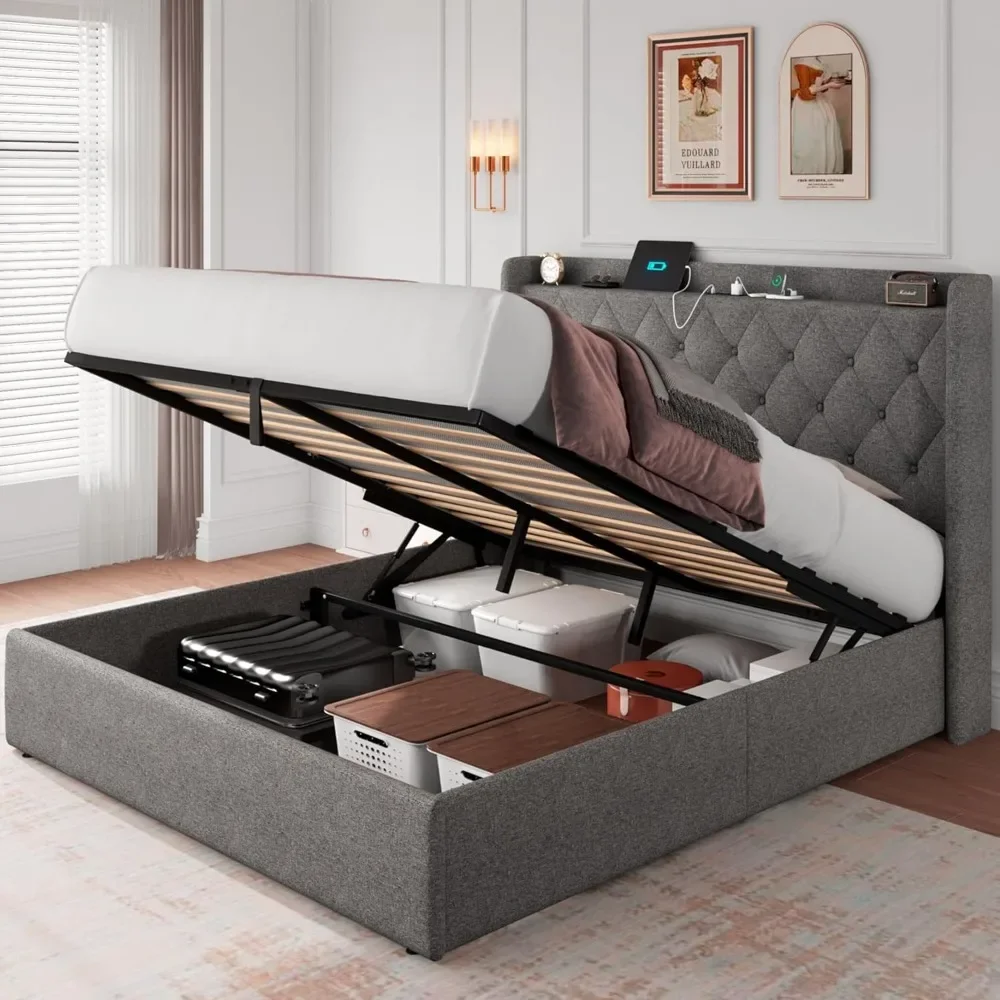 Cama Queen Size Frame com estação de carregamento, plataforma estofada, cabeceira adornada, armazenamento hidráulico