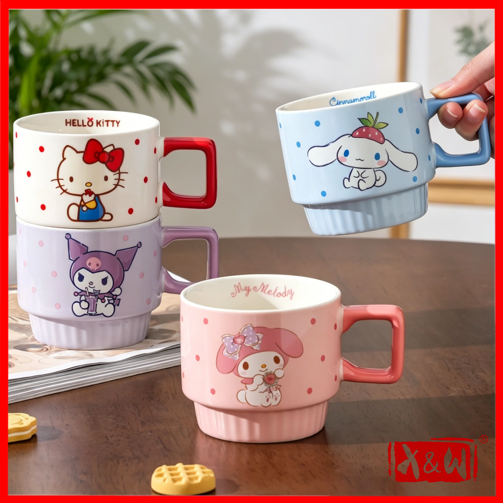 X&W 280ML Sanrio Keramikbecher Stapelbar Hello Kitty Muster Milchbecher Haushalt Schreibtisch Dekorativer Becher Kreatives Becherset Geschenk
