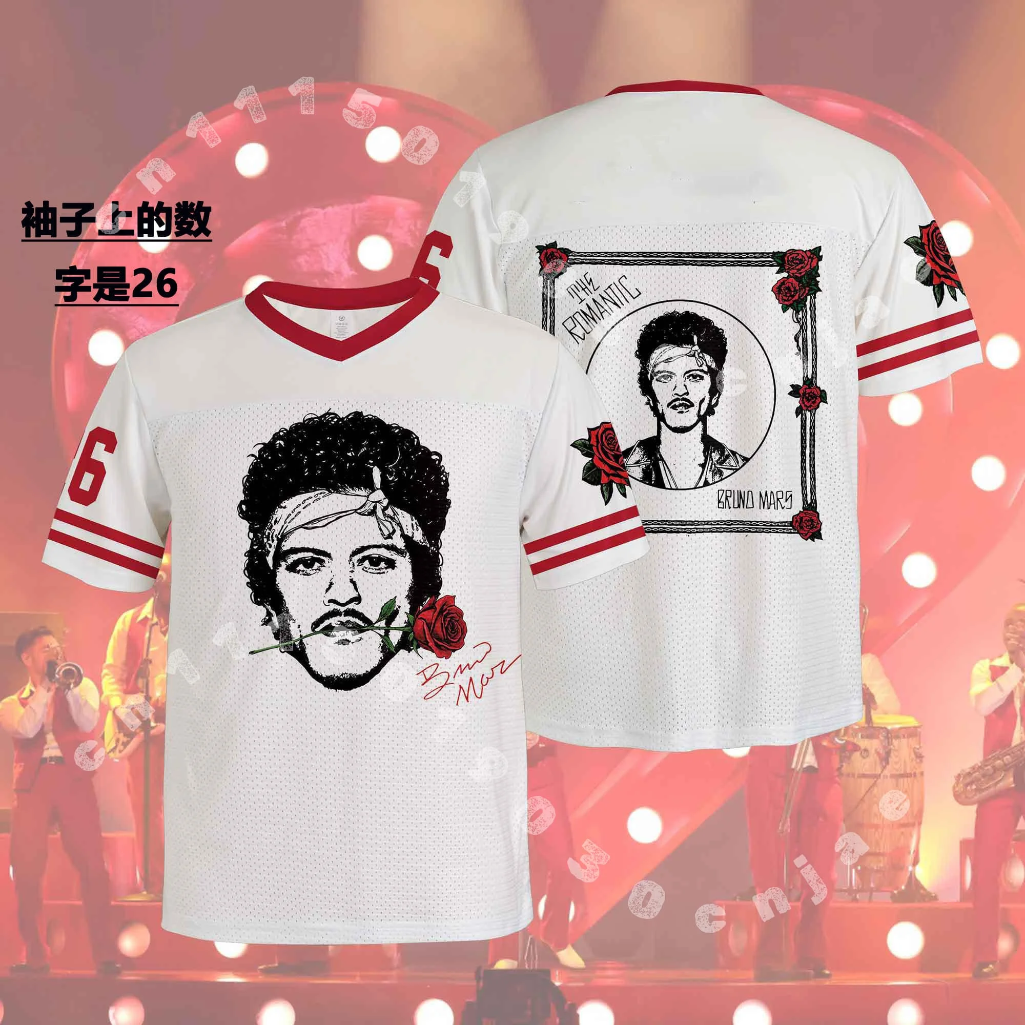 2026 Bruno Mars The Romantic Tour Football Jersey V Neck T-Shirt Retro Rose Portrait Print Unisex Tops Fans Top for Adults Kids