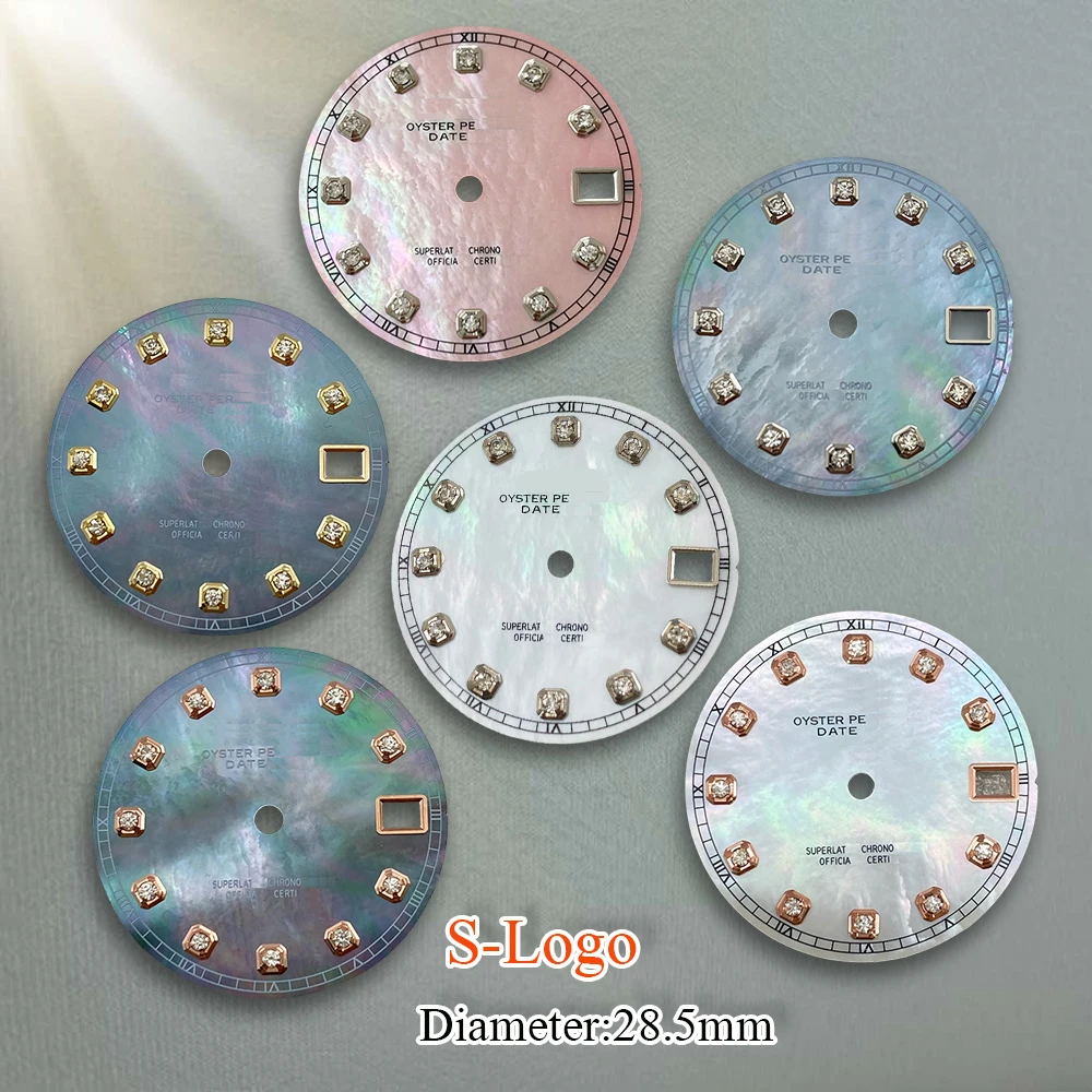 28.5mm S Logo NH35 Colour Diamonds Mother pearl Dial Fit NH36 Movement No Luminous Watch Modification Accessories Repair tools