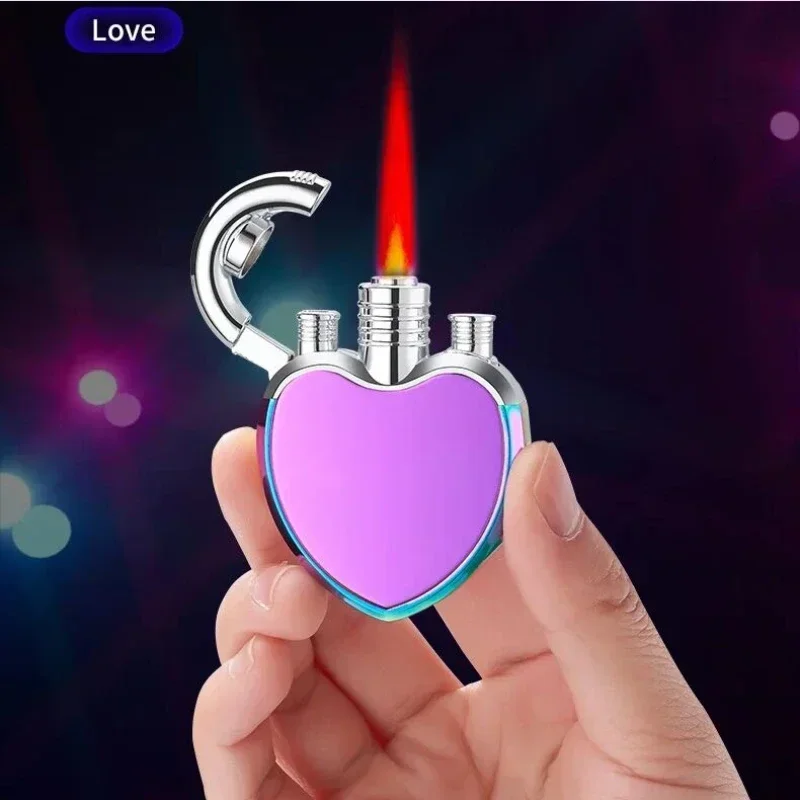 Mini Metal Fashionable Heart-shaped Inflatable Lighter Windproof Spray Pink Flame Cute Portable Lighter for Women Smoking Gift