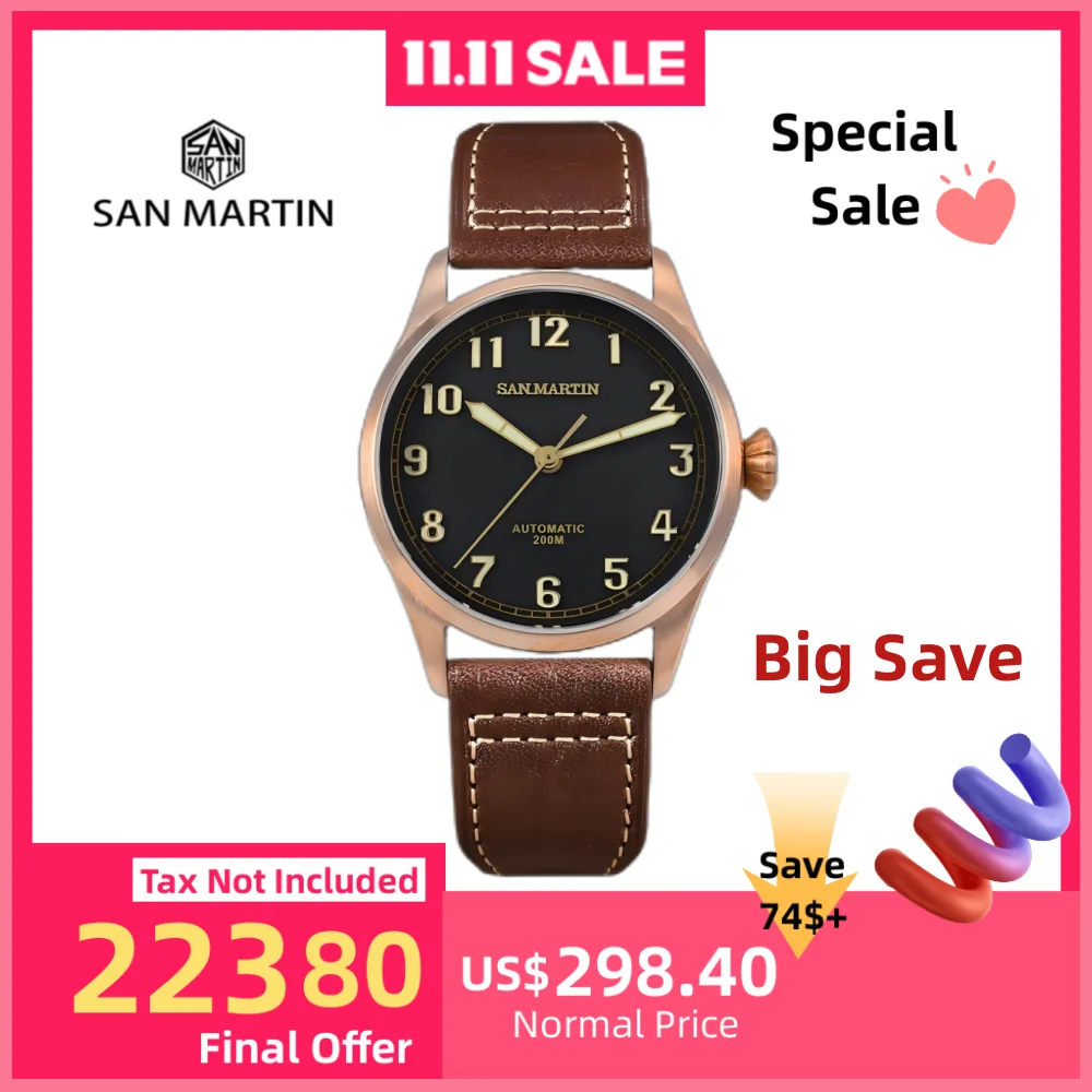 

San Martin 42 мм ретро мужские дайверские часы CuSn8 бронзовый кожаный ремешок автоматические механические наручные часы светящиеся наручные часы SN0043Q