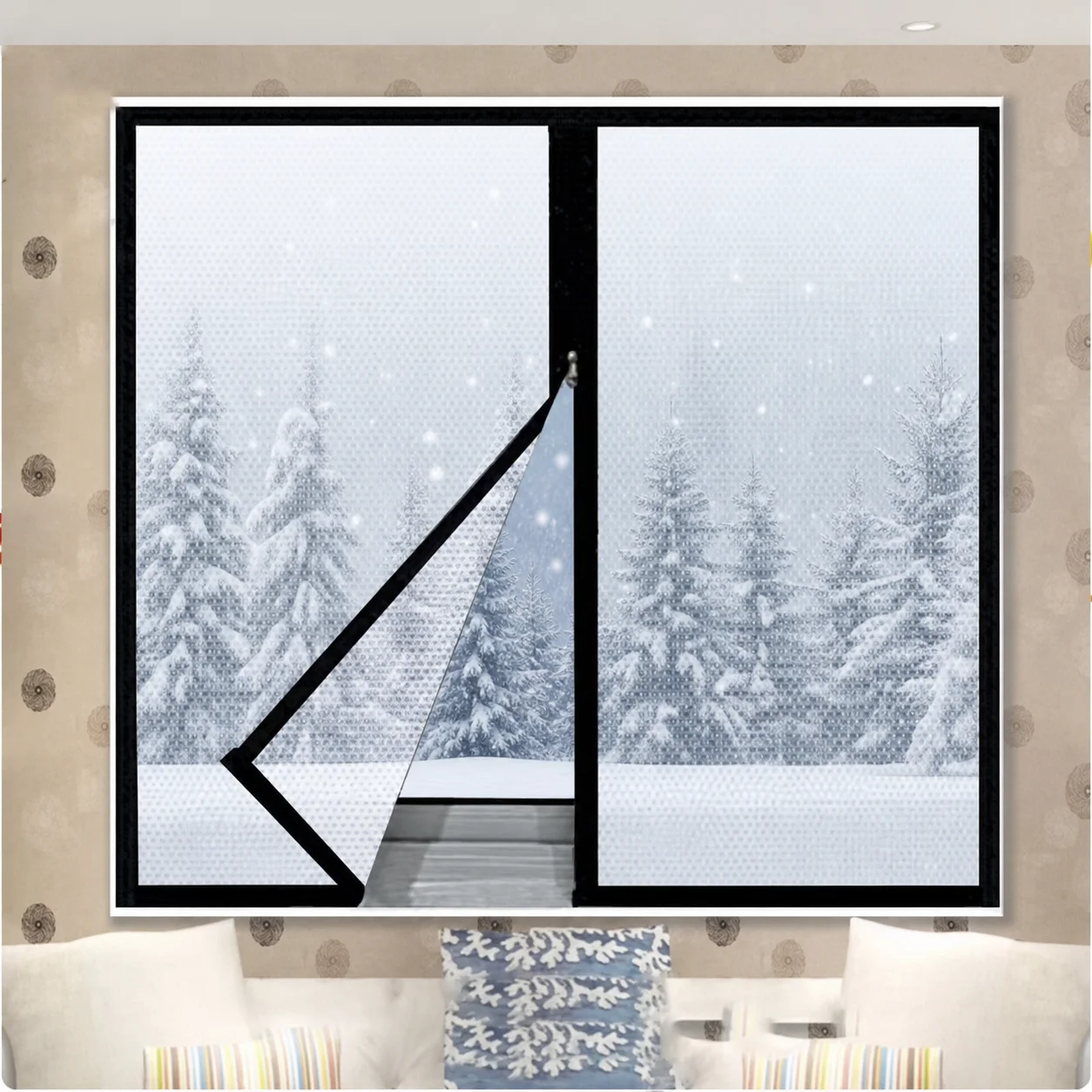 Double-layer bubble film for windproof and cold-proof windows, self-adhesive middle-opening black zipper style
