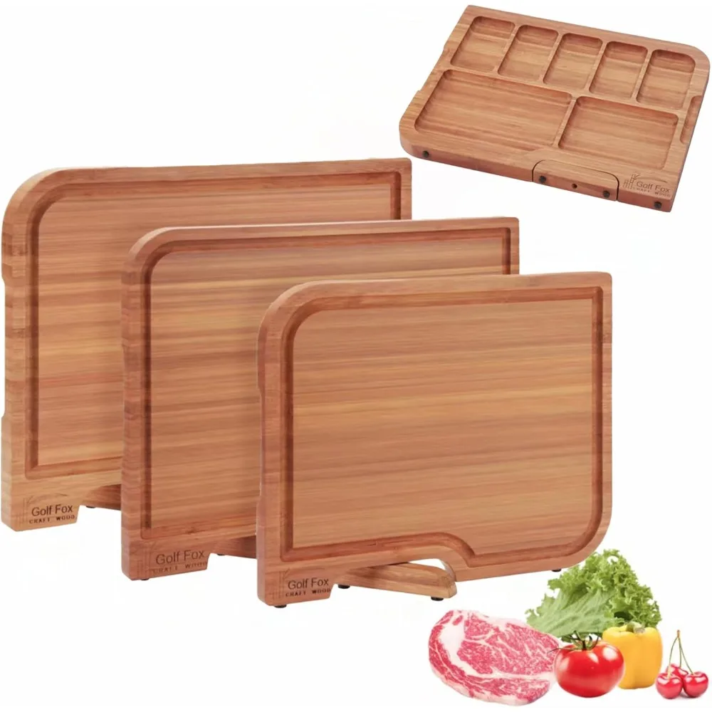 

3-PCS Bamboo Cutting Board Set, Wood Cutting Board for Kitchen with Innovative Stand, Juice Groove & Handle, Double Sided for Ch