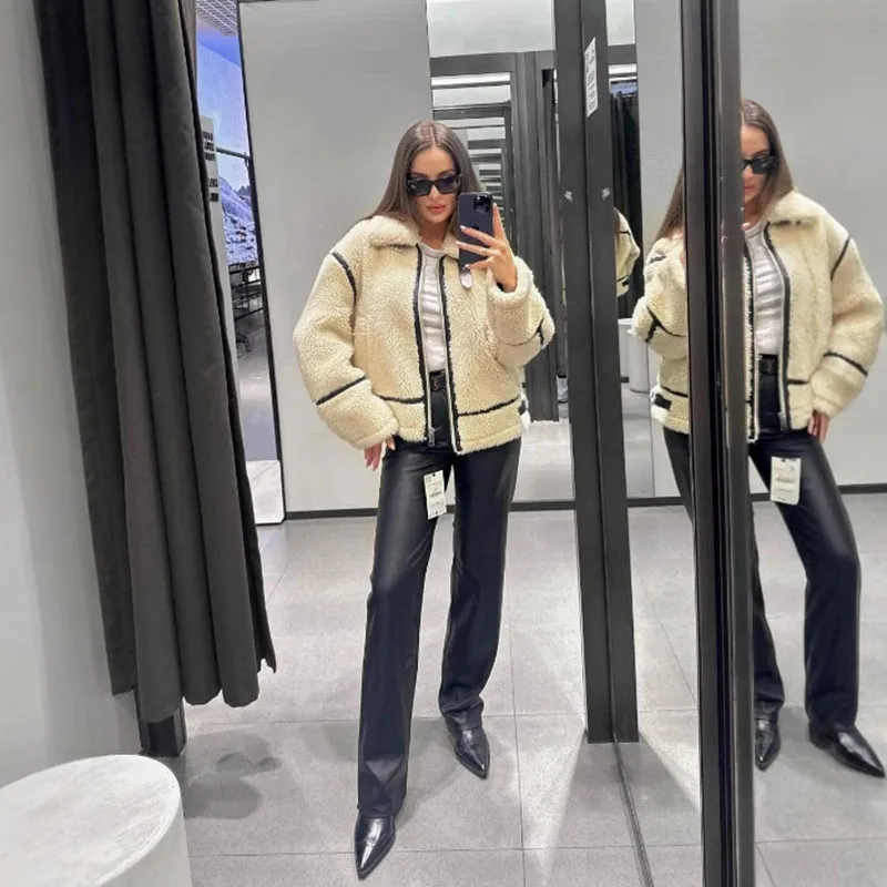 2025 Autumn New Women's Wear European and American Style Casual Fur One Piece Lamb Wool Contrast Color Plush Warm Jacket