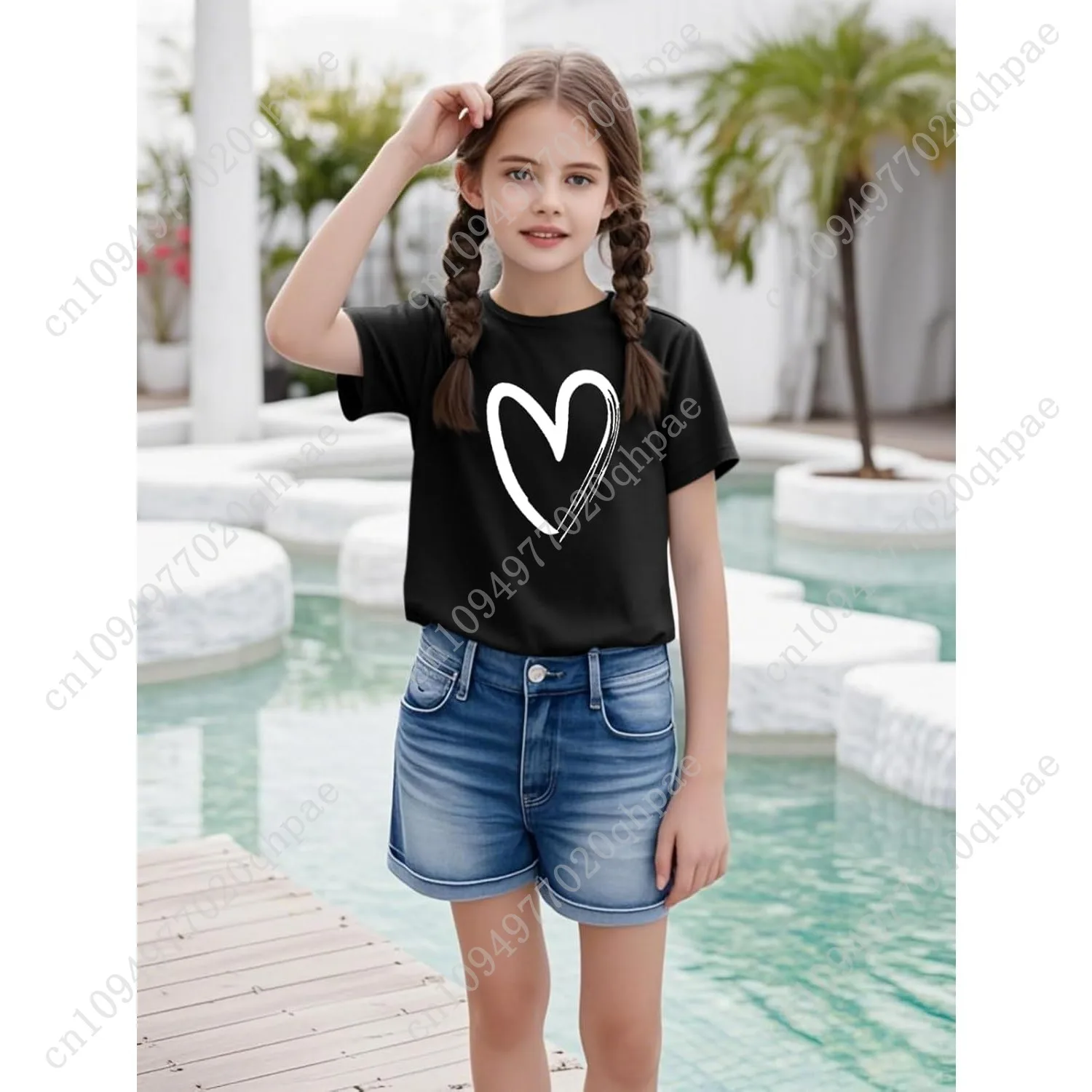 تي شيرت بناتي بأكمام قصيرة تي شيرت صيفي للأطفال برقبة دائرية تي شيرت برسومات أساسية من 5 إلى 14 سنة #3