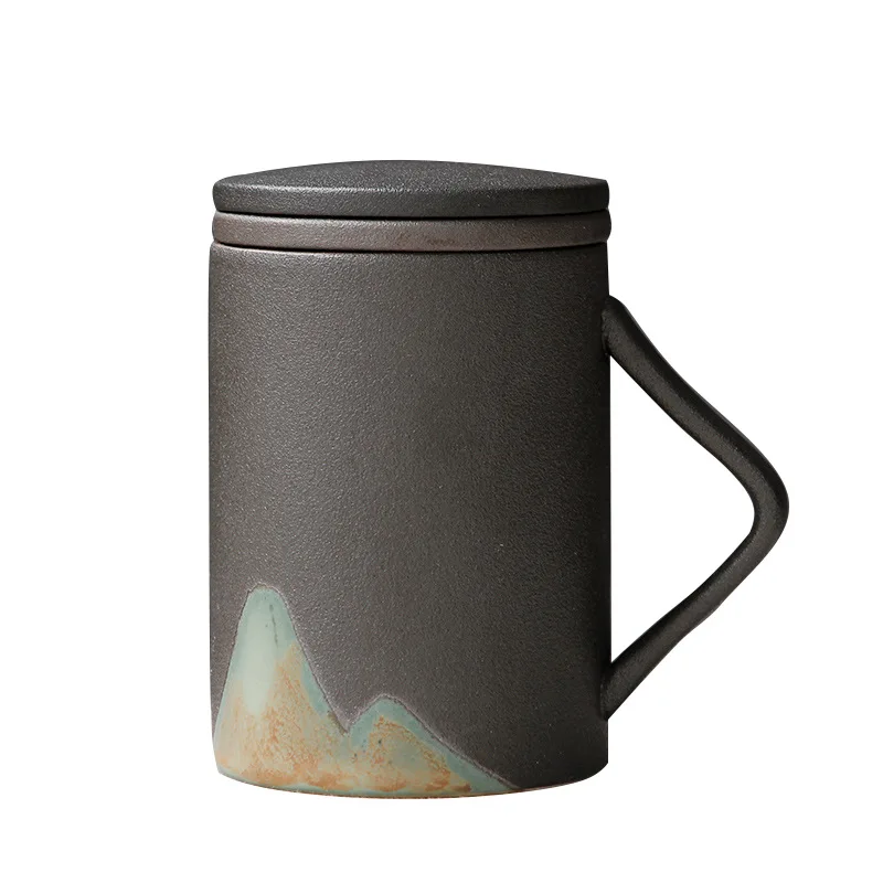 

Glazed painting black terracotta mug filter set of three pieces of water cup with lid office home travel tea set tea cup