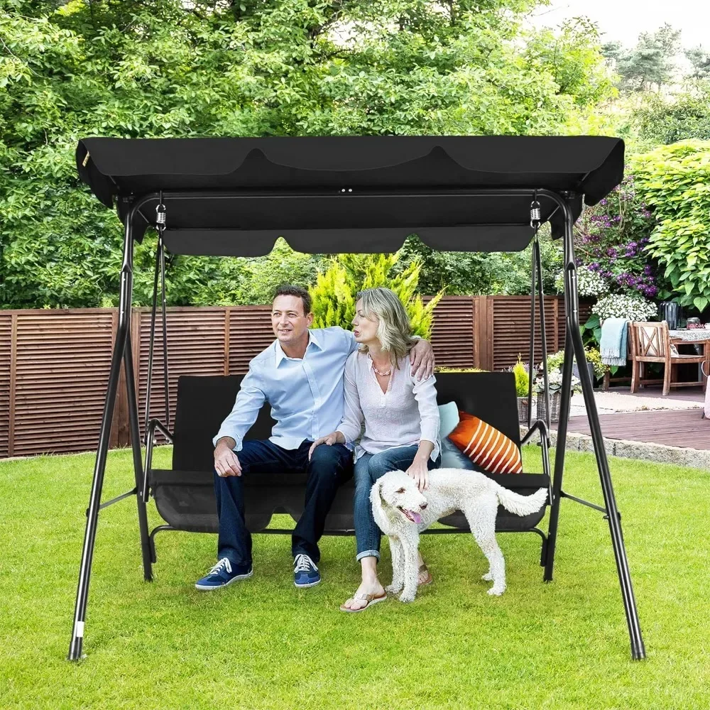 

v 3-Seat Patio Swing Chair,Outdoor Porch Swing with Adjustable Canopy and Durable Steel Frame for Patio, Garden, Poolside (Black