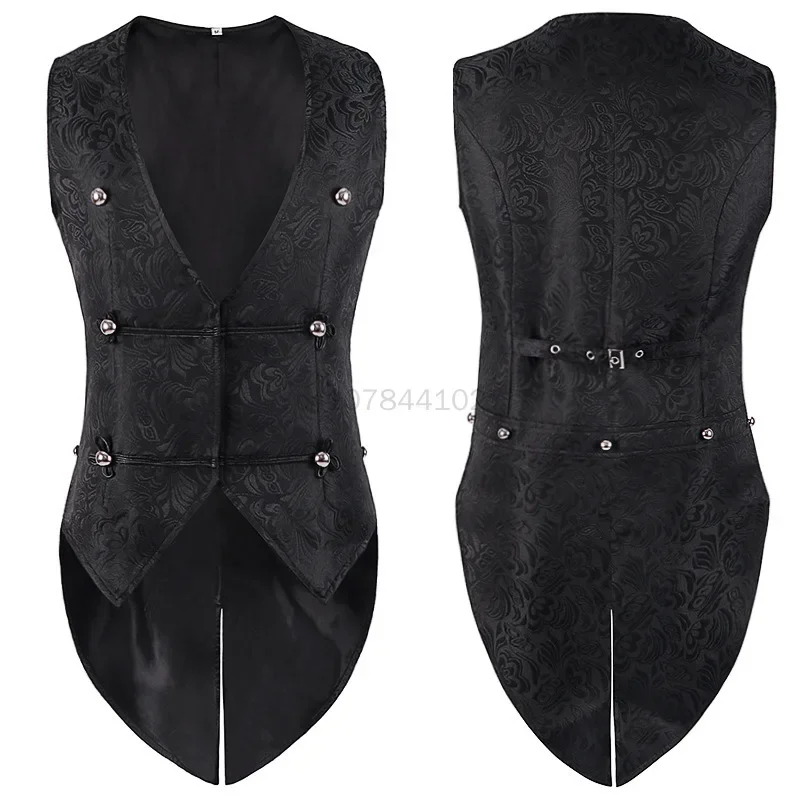 Mens Medieval Renaissance Cosplay Pirate Waistcoat Vest Vintage Vicotiran Steampunk Jacquard Swallowtail Top Noble Costume