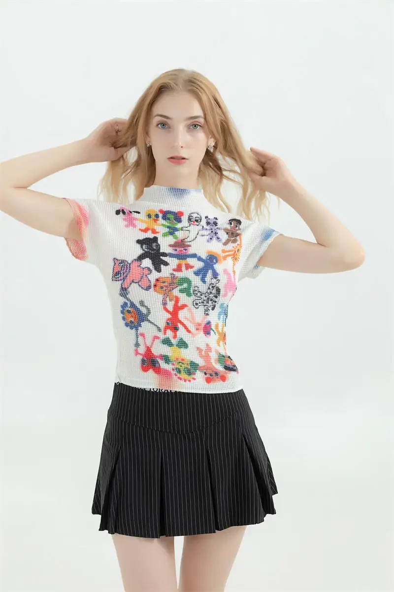 Frauen T-shirt Harajuku Koreanische Y2k Grafik Druck Kurzarm T Top Kleidung Mode Vintage Streetwear Oansatz T-shirts Sommer – Detail 2