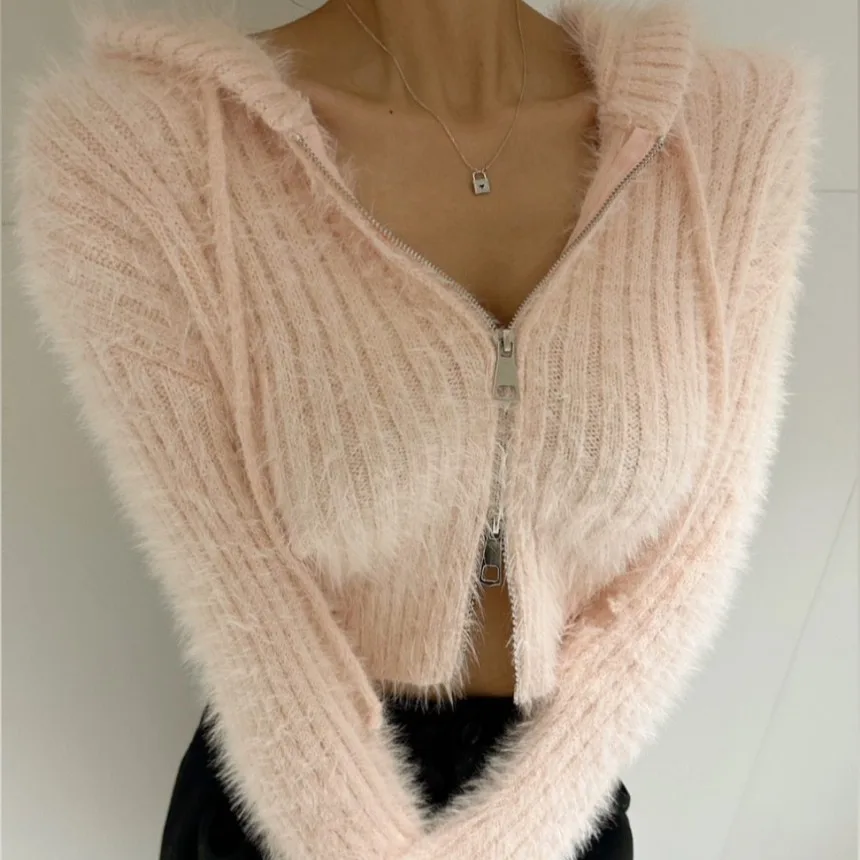 Korean Fashion Vintage Knitting Mink Cashmere Zipper Long Sleeve Soft Warm Women Autumn Winter Cardigan Sweater