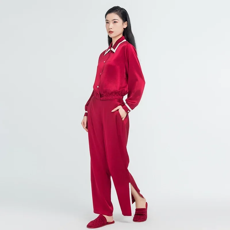 

Luxury Mulberry Silk Pajamas Set Women's Pajama Spring and Autumn Style Long Sleeve Home Set Pure Silk Nightwear Sleepwear Wine