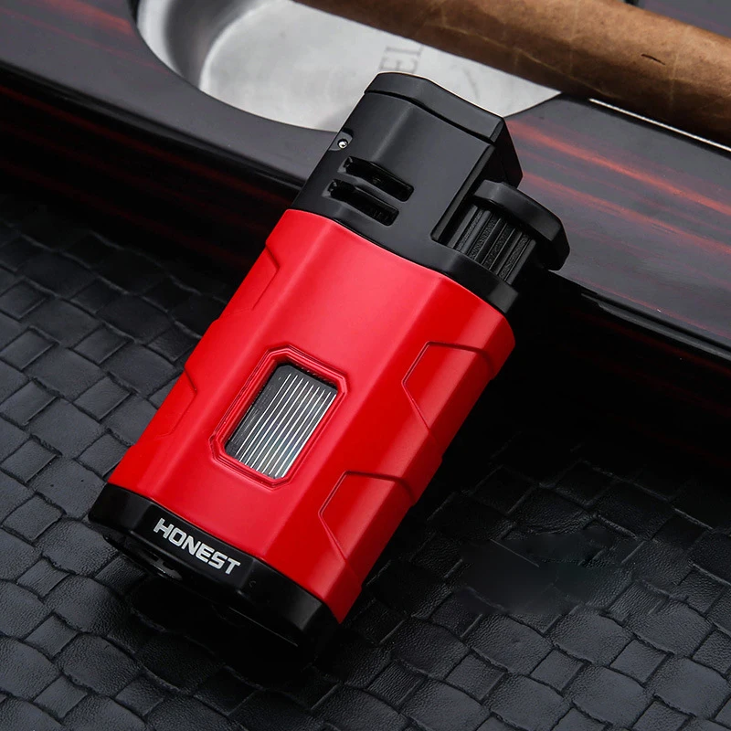 HONEST Metal Multifunctional Outdoor Windproof Butane Gas Lighter Turbo 3 Torch Blue Flame Straight Cigar Lighter Men\'s Gift