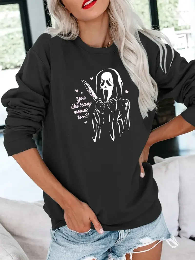 

Ghost & Scary Movies Print Sweatshirt, Casual Long Sleeve Crew Neck Sweatshirt, Women's Clothing