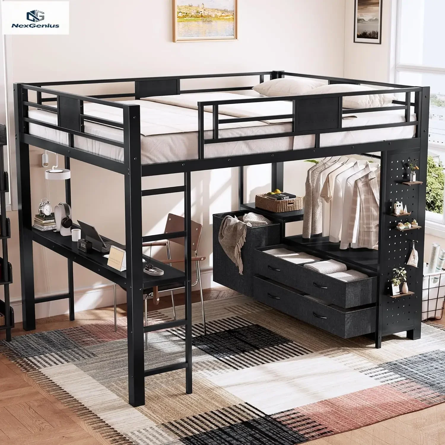 Bellemave Queen Size Loft Bed with Desk and Storage Pegboard, Queen Loft Bed Frame with Storage Drawers, Laundry Hamper and Clot