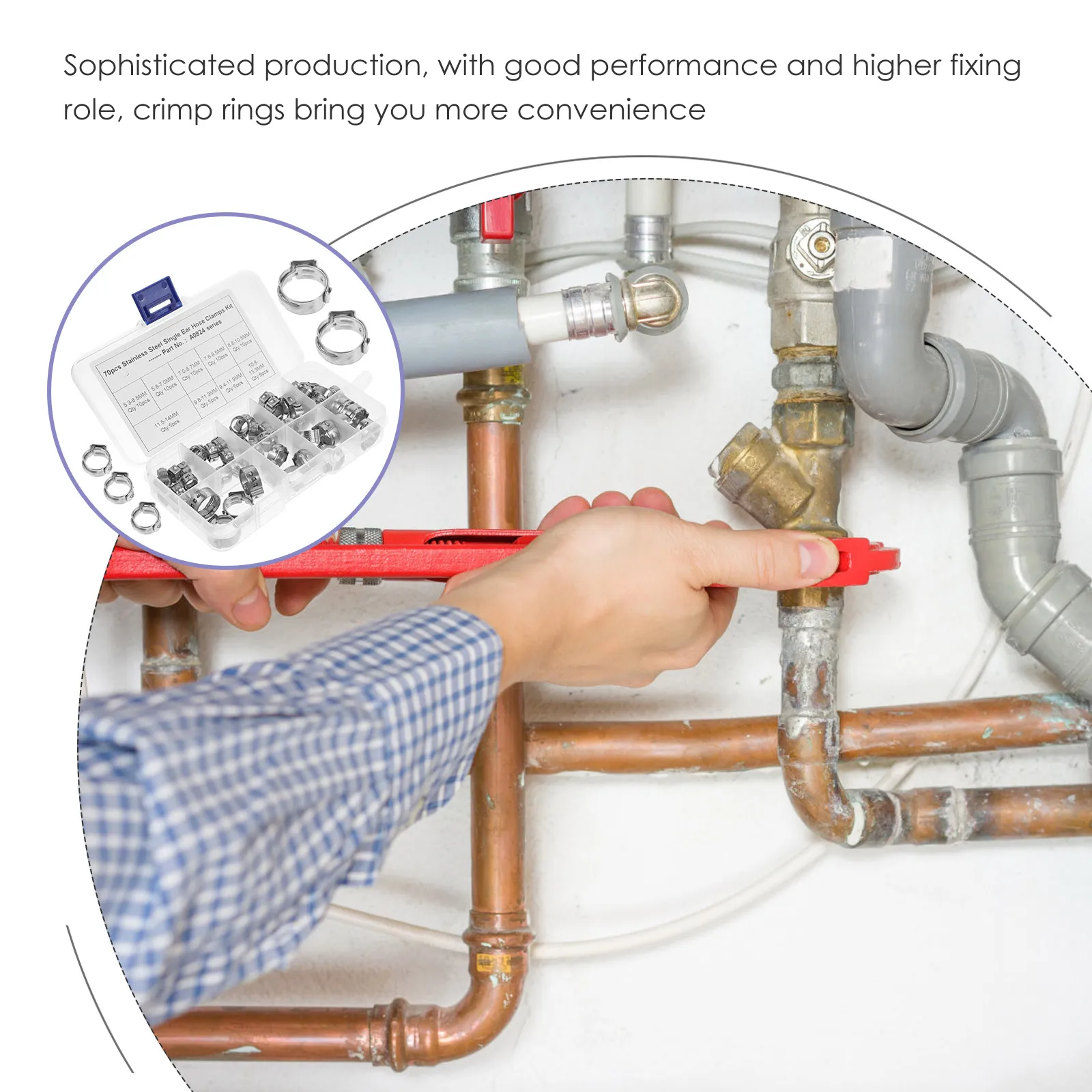 

Набор из 70 прочных зажимов из нержавеющей стали 304: обжимные кольцевые зажимы для шлангов, труб, топливных магистралей, садовых и вакуумных систем