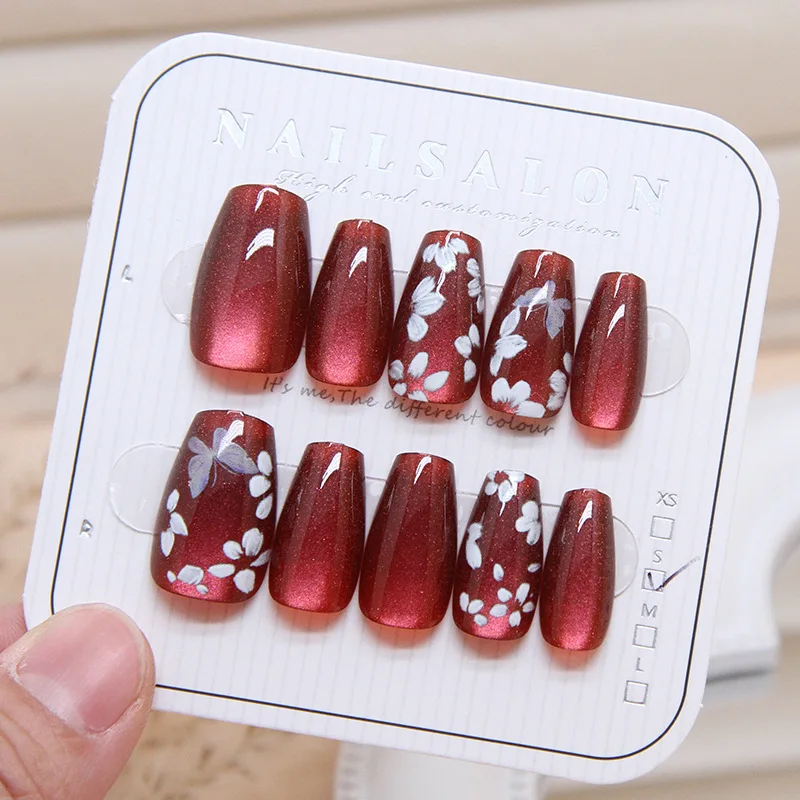 

10pcs Cherry Red Fake Nails Sexy Glitter Cat's Eye Flower Long False Nails Full Cover Reusable Press On Nail Tips For Women