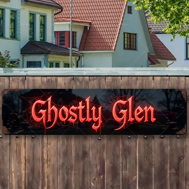 قطعة واحدة من لافتة معدنية، مقاس 4 × 16 بوصة "علامة "Ghostly Glen" لديكور الهالوين - نمط خشبي ريفي" #1