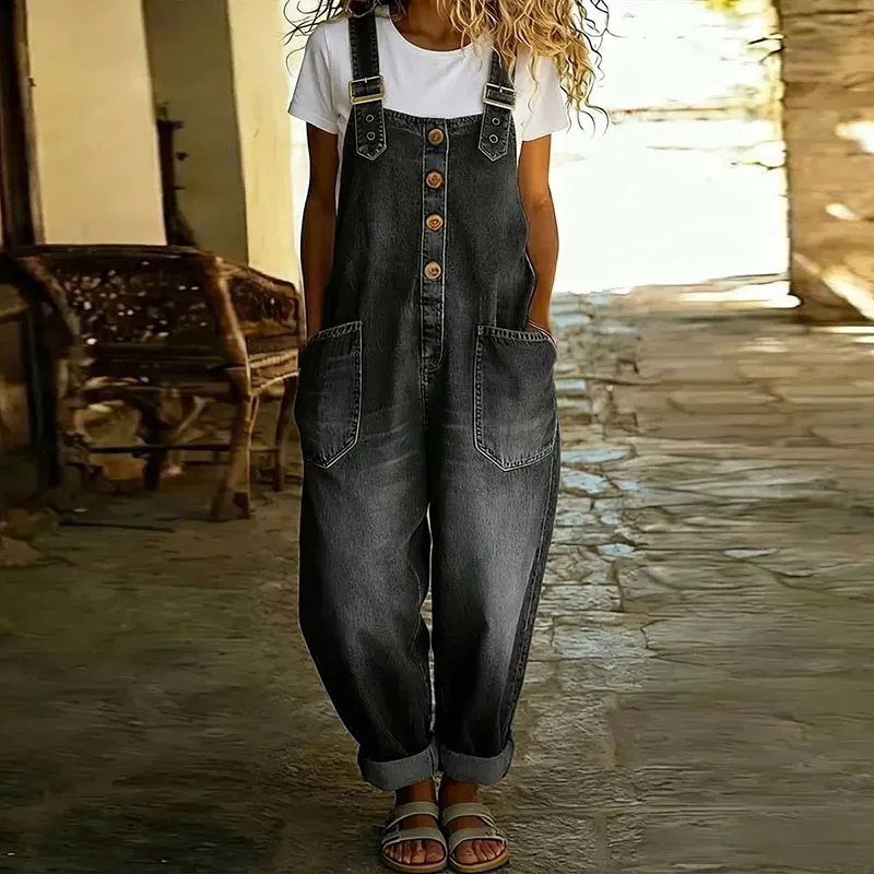 

Fashion Button Adjustable Solid Playsuit Elegant Off Shoulder Pocket Suspender Romper Lady Casual Sleeveless Loose Long Jumpsuit