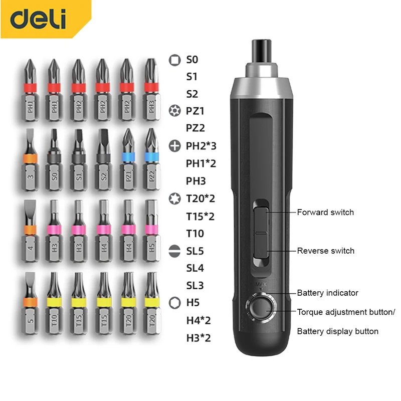 

Deli Electric Screwdriver Wireless Rechargeable Lithium Battery Screwdriver With LED Lamp 3.6V Electric Tool Set