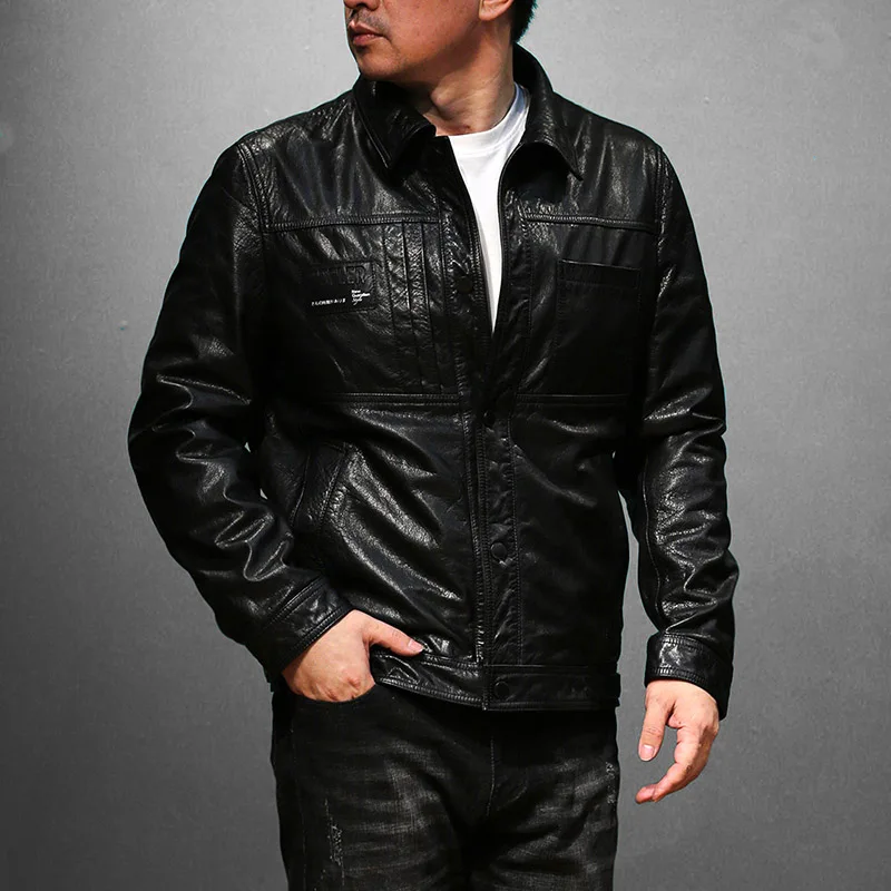 

YL506 European US Size High Quality Super Warm Genuine Cow Leather Coat Mens Big Biker Jacket