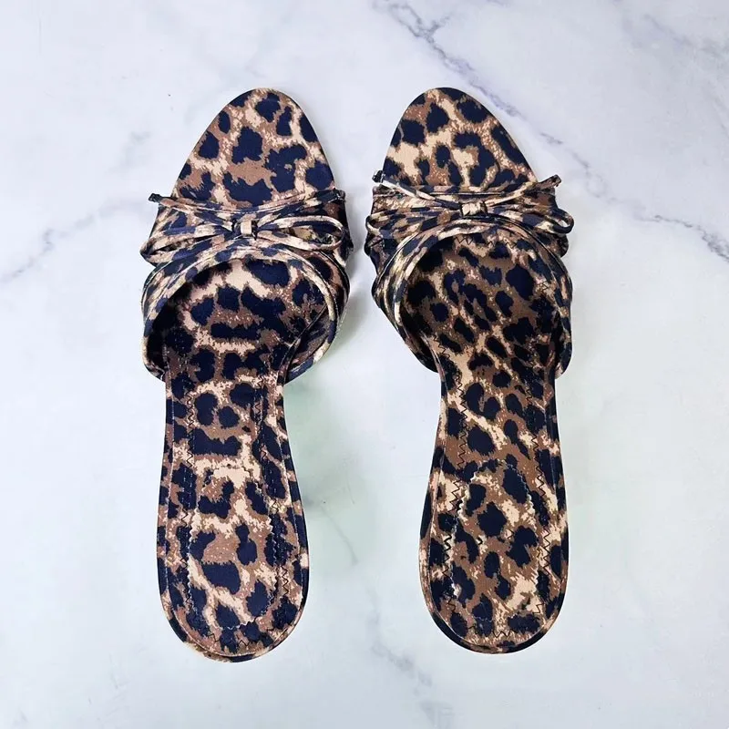 PSEEWE 2024 Leopard Sandals Women Summer Fashion Bow High Heels Shoes For Woman Sexy Heeled Slingback Slippers Female Shoes