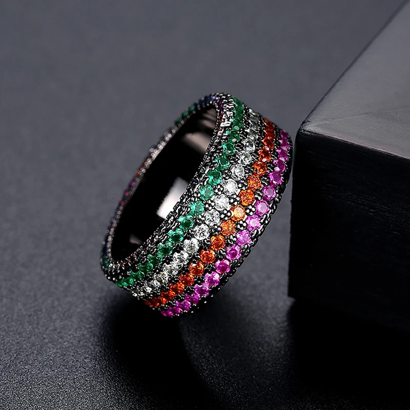 LUOTEEMI Multicolor Rainbow CZ Wide Rings Band Luxury Gun Black Colorful CZ Party Finger Ring Gothic Aesthetic Bague Femme Girls