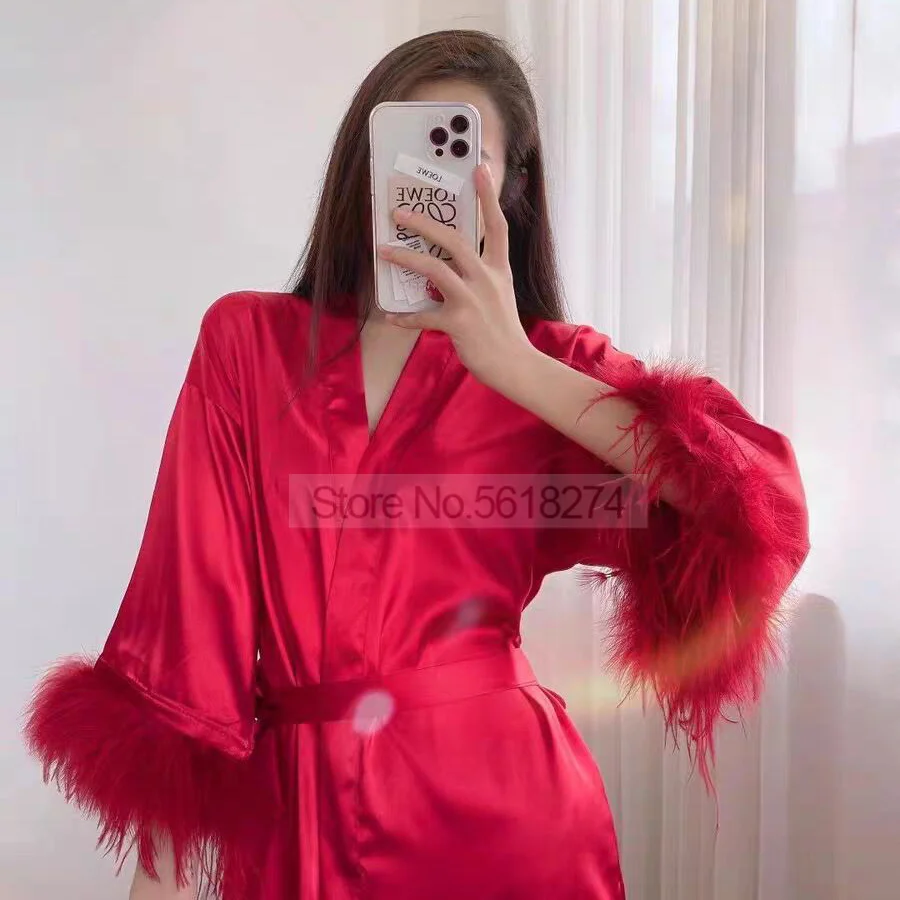 Women FEATHER Bride Bridesmaid Wedding Robe Satin Kimono Bathrobe Gown Nightwear Embroidery Letter Nightgown V-Neck Lingerie