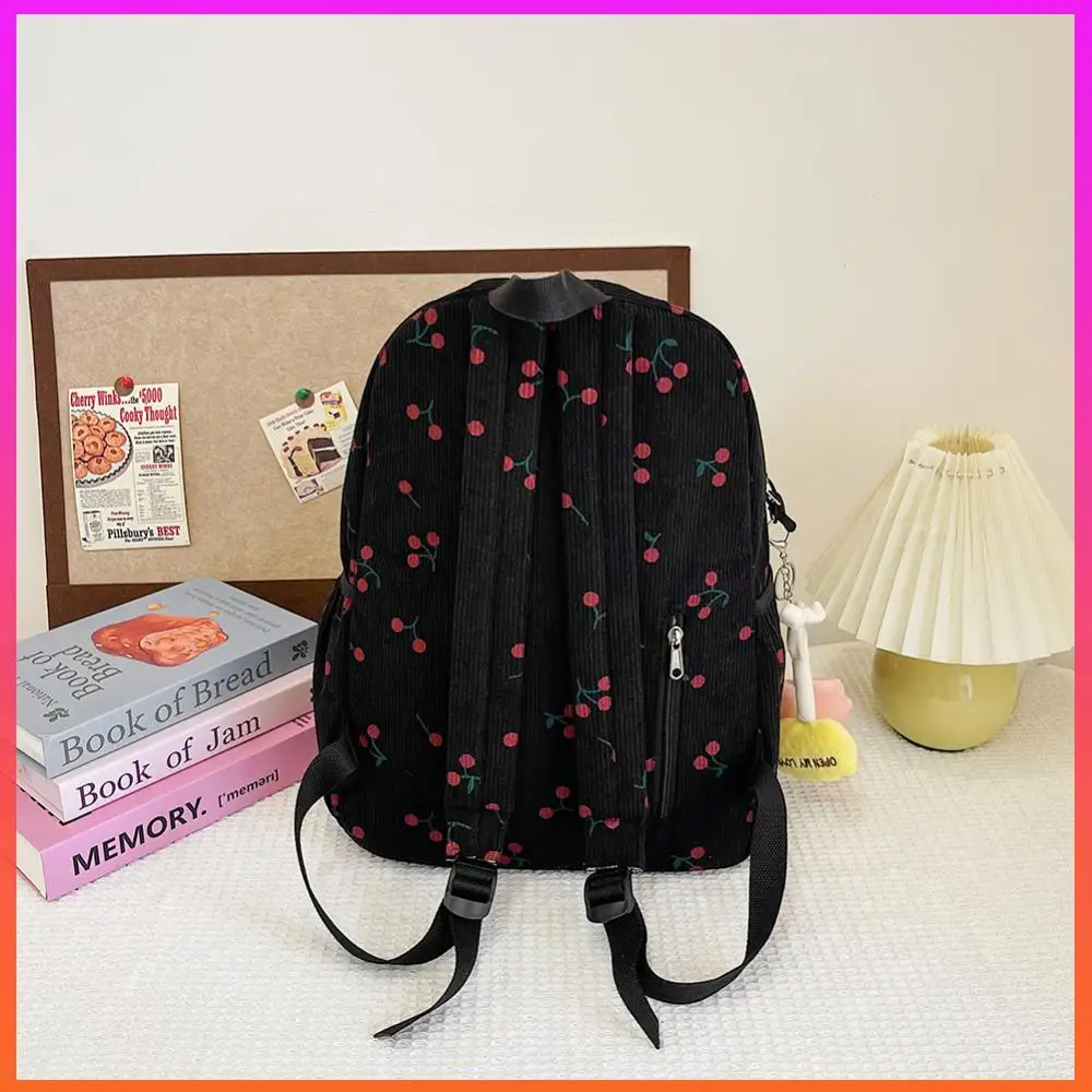 

Вельветовая милая сумка для книг с вишневым узором, женский дорожный рюкзак с регулируемым ремешком, рюкзак для ноутбука на молнии для работы, покупок, школы