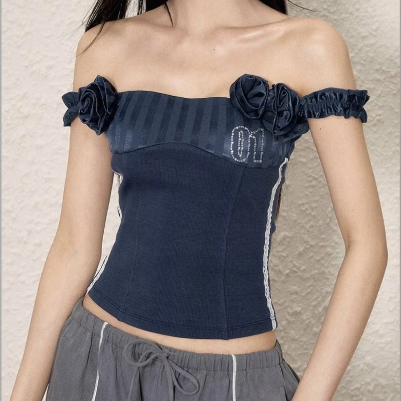 

Summer New Design Sense, Three-dimensional Flower One Shoulder Vest, Jersey with Hot Stamping, Slim Fit and Strapless Top