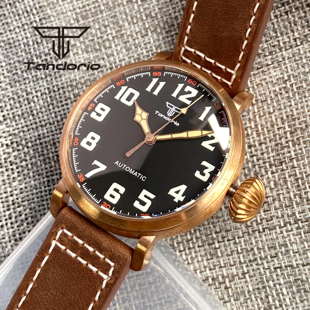 Tandorio Real CUSN8 Solid Bronze 46.5mm NH35A PT5000 Automatic Watch for Men Sapphire Glass Black Dial Leather Strap Screw Crown