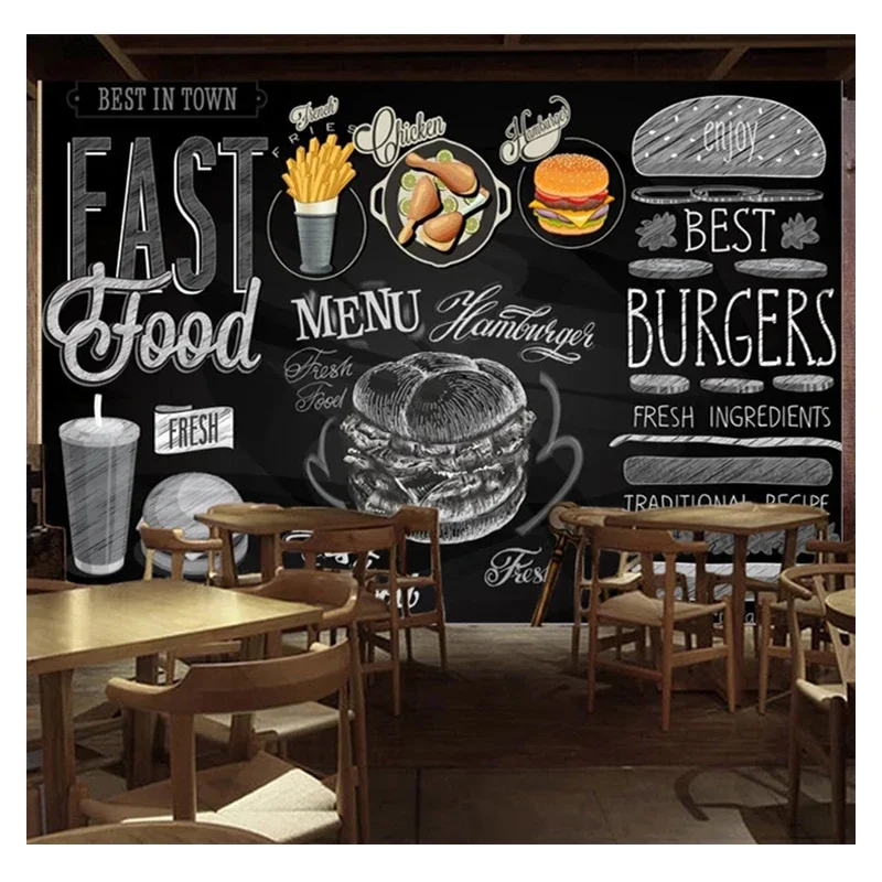 Maßgefertigte Wandtapete Tafelbemalung Handgemaltes Hamburger- und Brathähnchen-Poster Köstliches Fast-Food-Shop-Restaurant-Wandgemälde