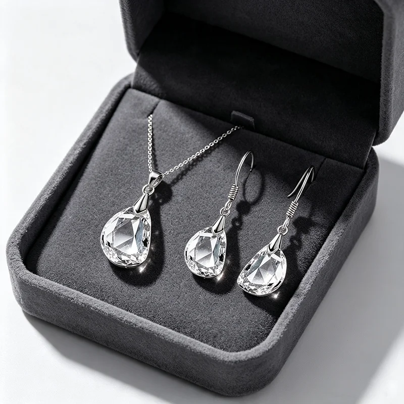 Hot Sale Bridal Jewely Sets 925 Sterling Silver Clear Crystal Wedding Engagement Earrings Pendant Necklace Women