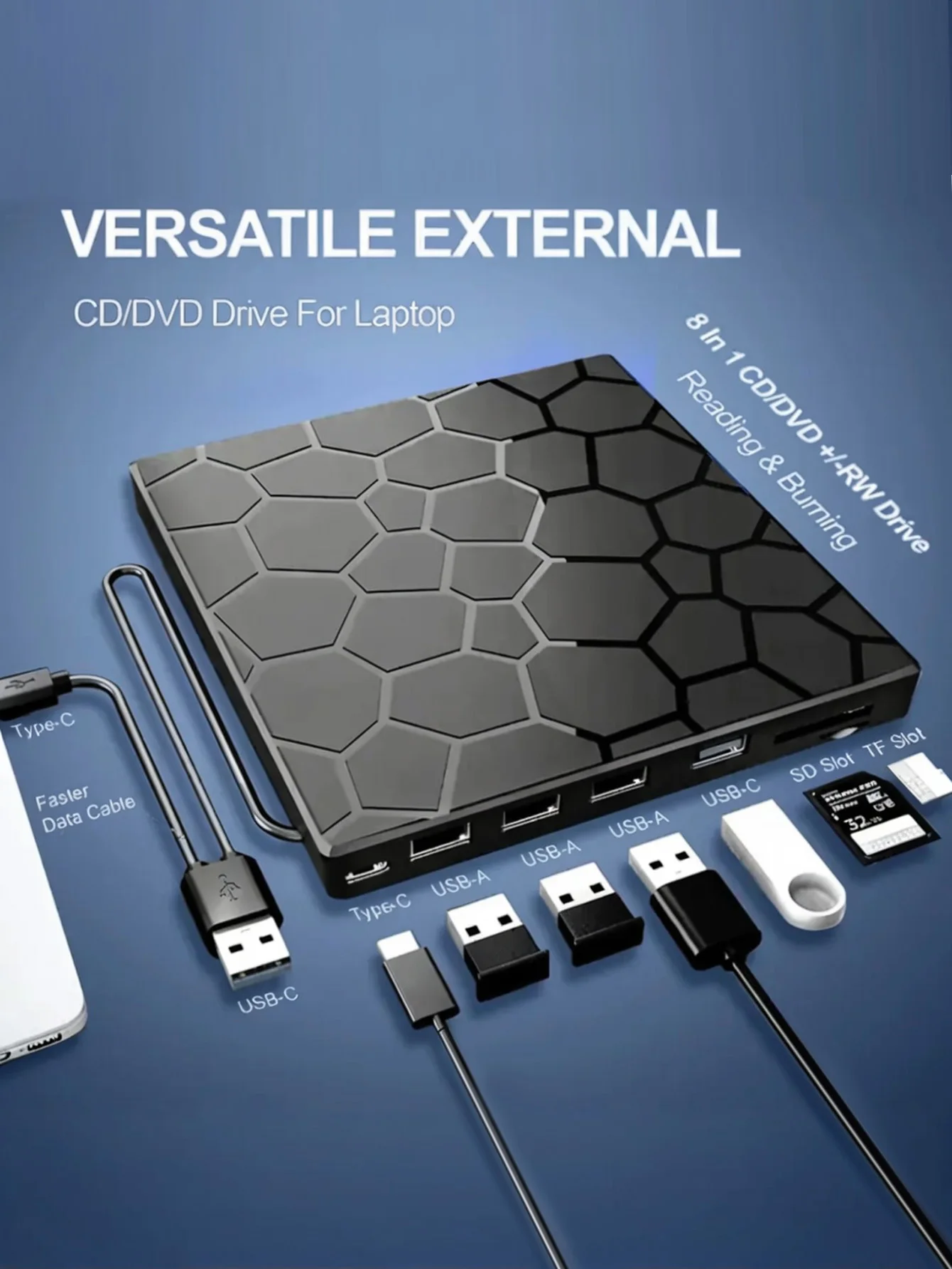 Unità CD/DVD esterna per laptop, lettore portatile ultrasottile USB 3.0 8 in 1, lettore e masterizzatore CD/VCD/DVD