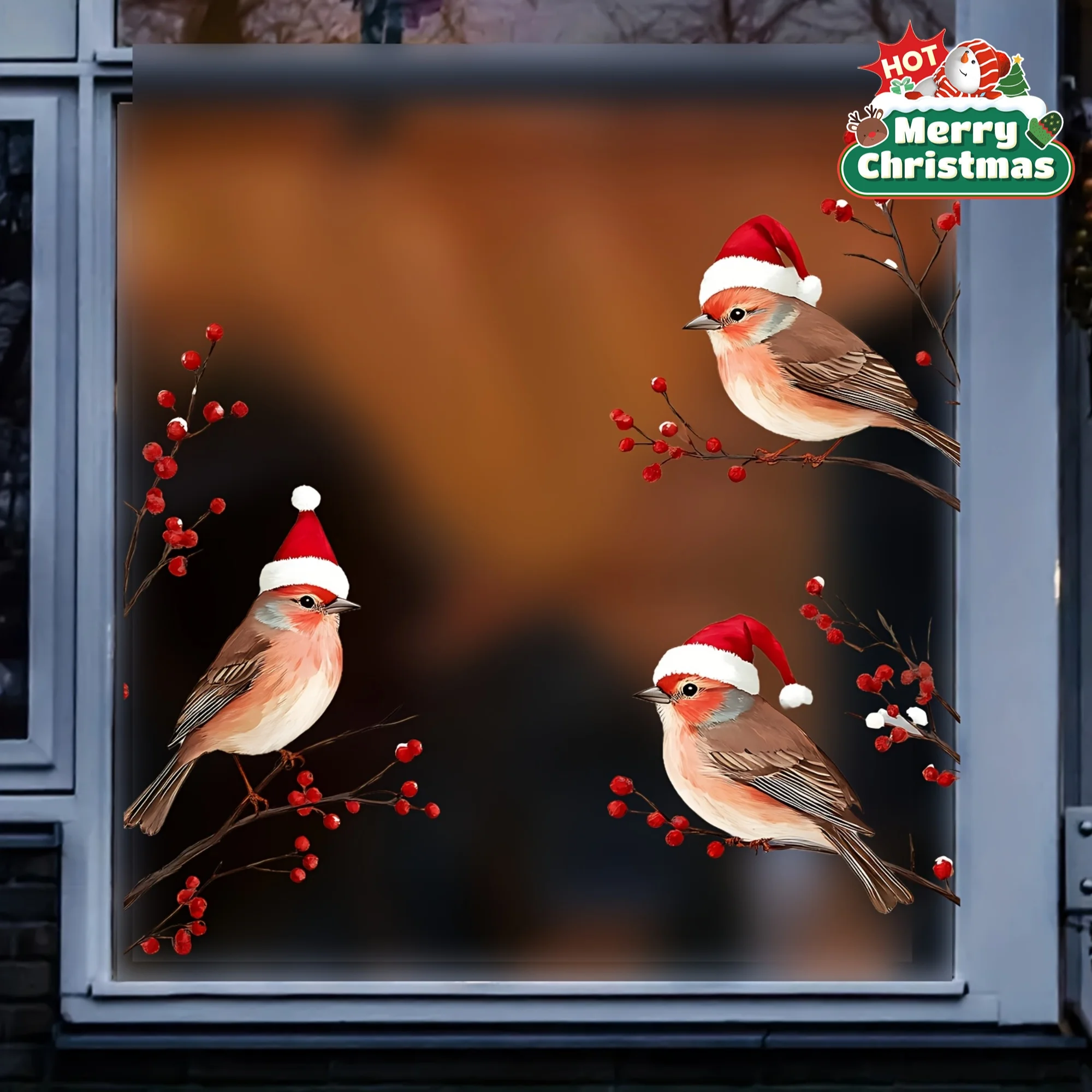 Drei kleine Vögel mit Weihnachtsmützen, rote Beere und Schneeflocken-Fensteraufkleber für Glastüren, Fenster, saisonale Wandkunst-Dekoration