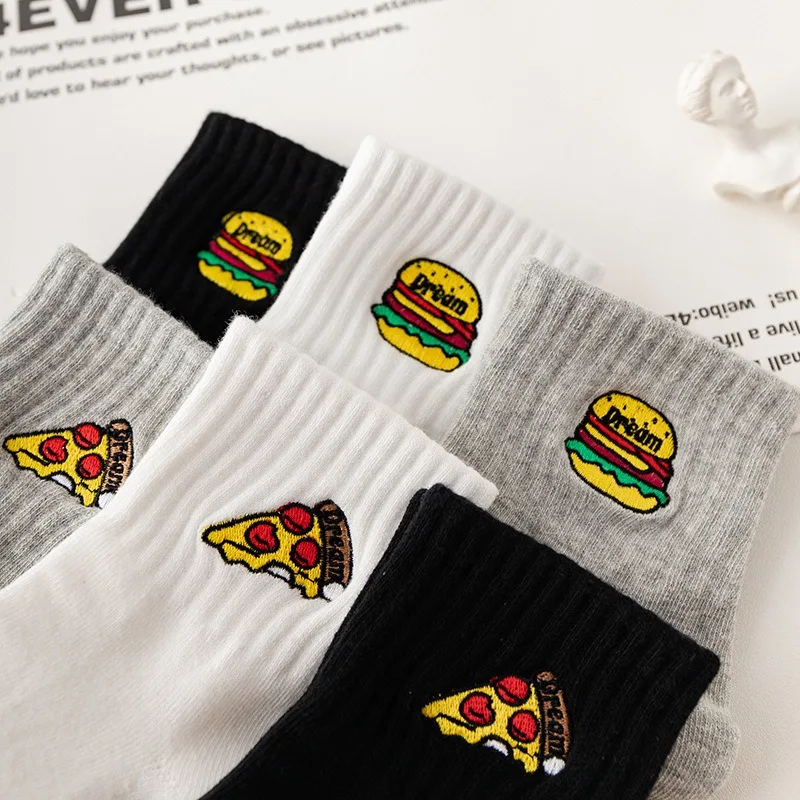 Pizza burger socks for men's new cartoon embroidery Korean version Instagram trend breathable and sweat wicking low cut cotton s