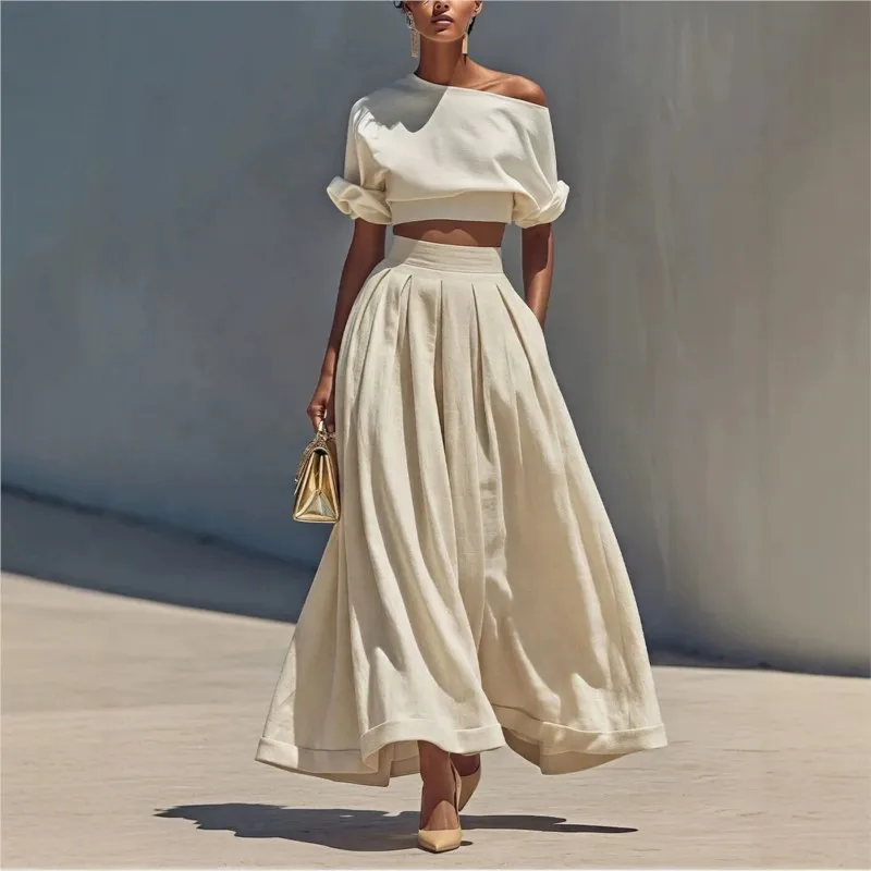 2026 New Summer Women's Skirt Set Solid Color Off Shoulder Waist Elegance And Fashionable Seaside Vacation Style Loose Skirt Set