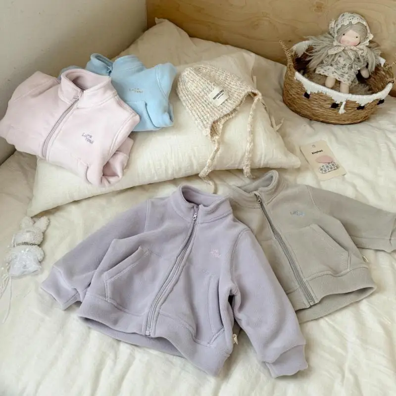 

2025 Winter New Children Fleece Coat For Boys Girls Long Sleeve Warm Jacket Baby Letter Embroidery Windproof Tops Kids Clothes