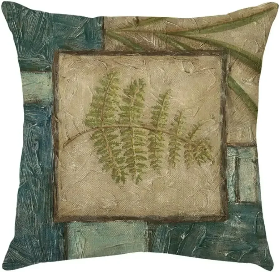 Blue Geometrical Pillowcase Green Leaf Farm Throw Pillowcase Green Garden Linen Cushion Cover Home Decoration Sofa 45x45