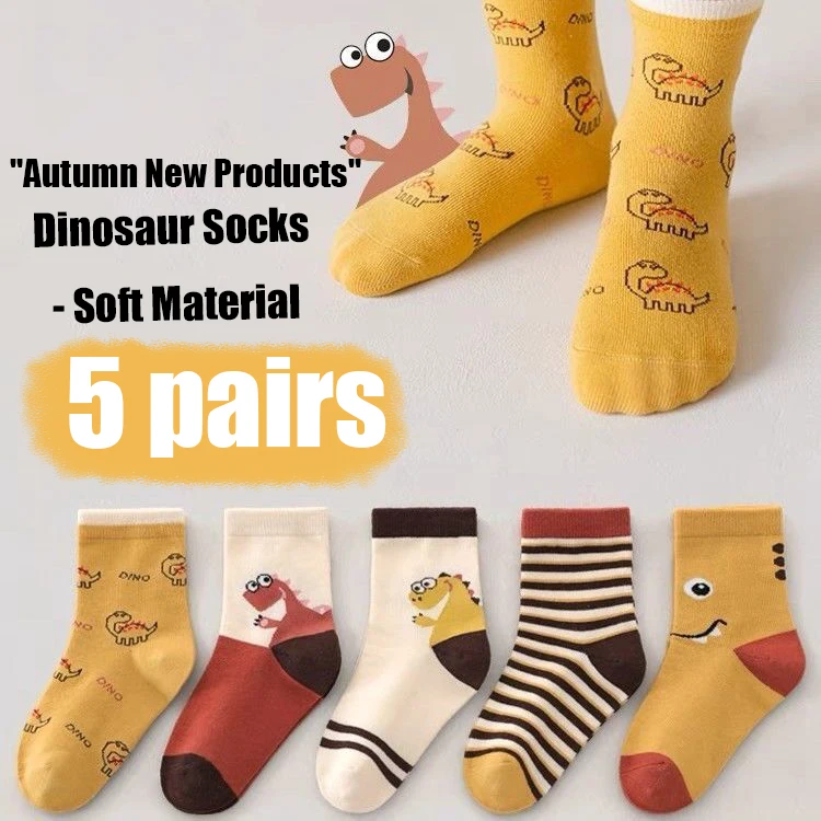 5 Pairs Kids Crew Socks Cute Cartoon Dinosaur Socks For Boys Toddler Soft Breathable Mid‑calf Socks Autumn Winter Children Socks