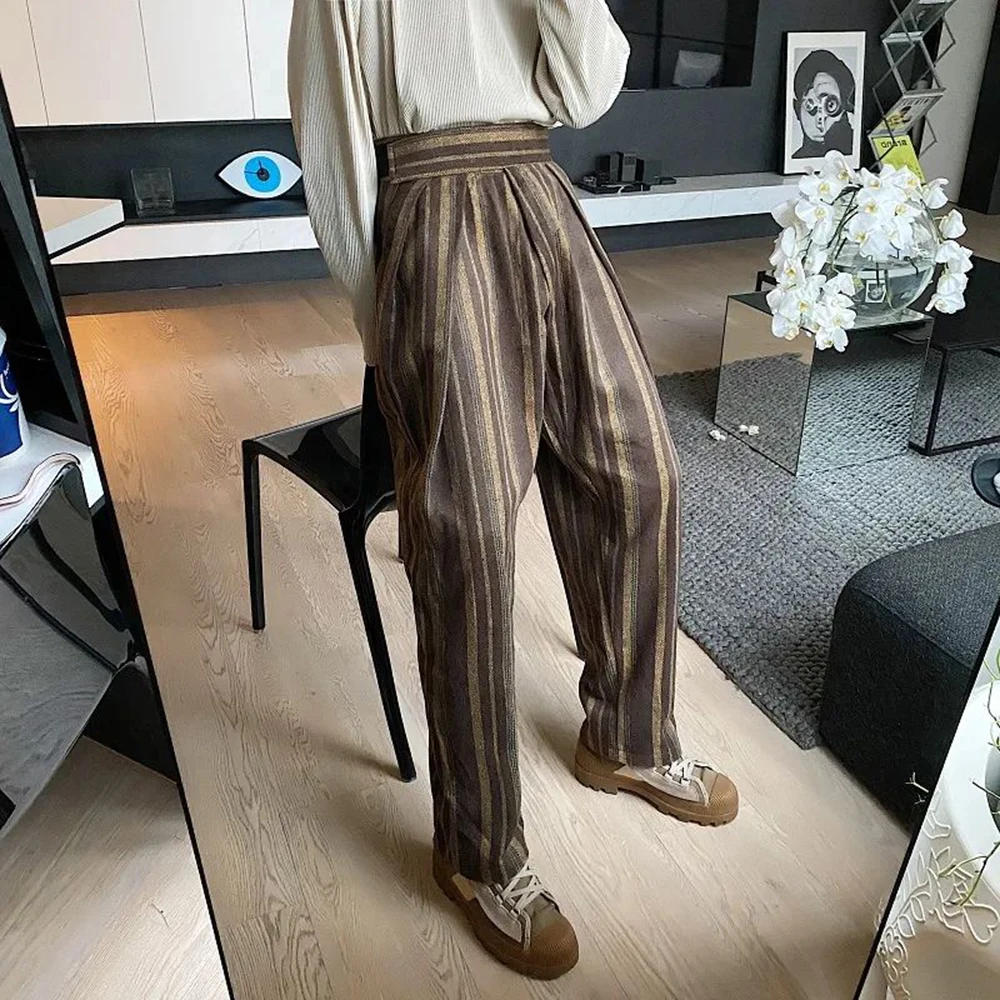 Mens Trousers Plush Stripes Contrast Color Casual Pants Autumn Streetwear Fashion All-Match Straight Pants Men'S Clothing 2024