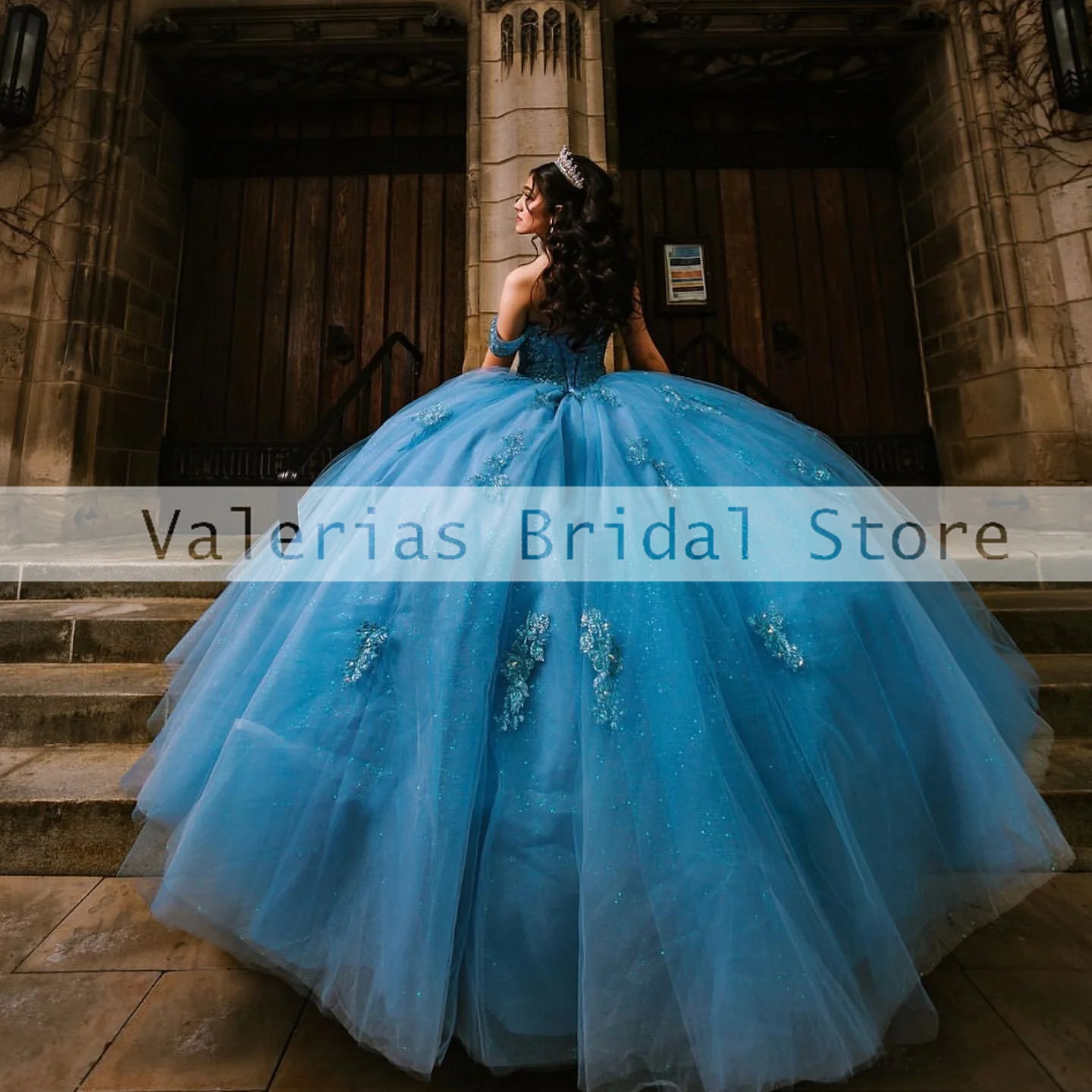 Vestidos de quinceañera azul cielo para niñas, Vestidos de baile de princesa con apliques de cuentas, dulce 16, largo hasta el suelo, Tull 15