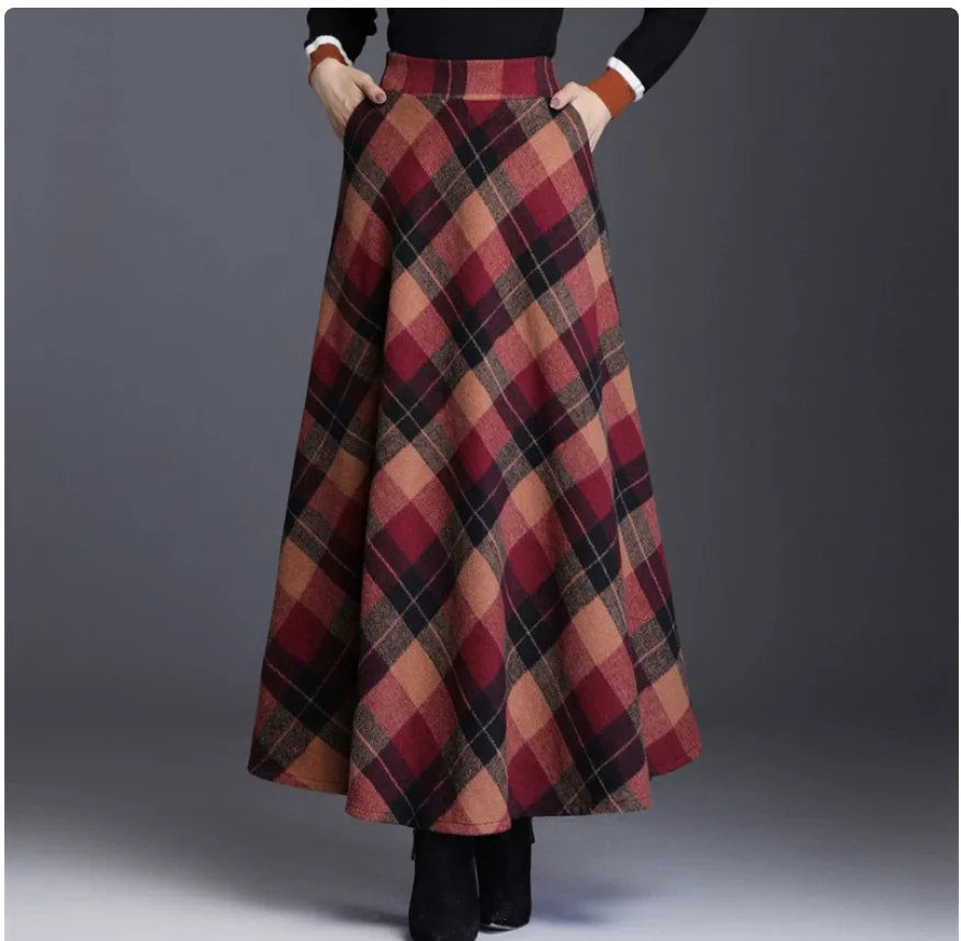 1pcs/lot korean style woman long wool blend plaid skirt female autumn winter long plaid skirt