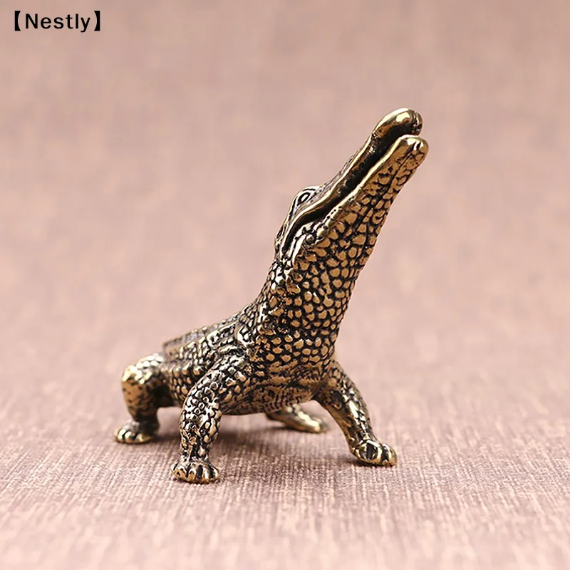 Antique Bronze Crocodile Miniature Figurines Vintage Brass Mini Alligator Statue Desk Ornaments Home Feng Shui Decor 〔Nest〕