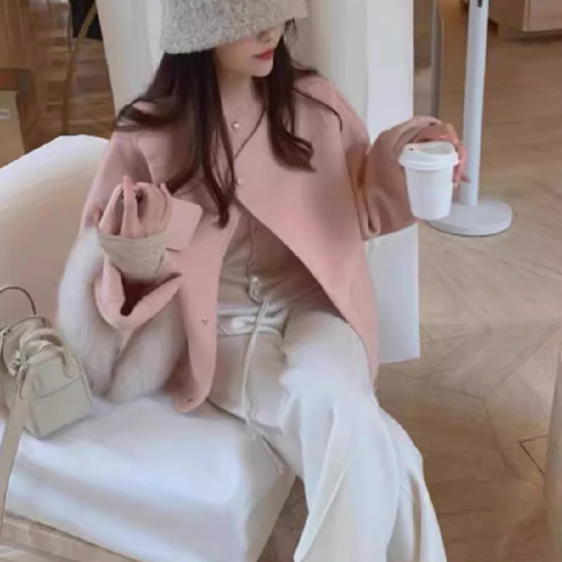 Short Woolen Coat Women's Spring Autumn Style Korean Version Commute Long Sleeve round Neck Single Button Pure Color Outerwear
