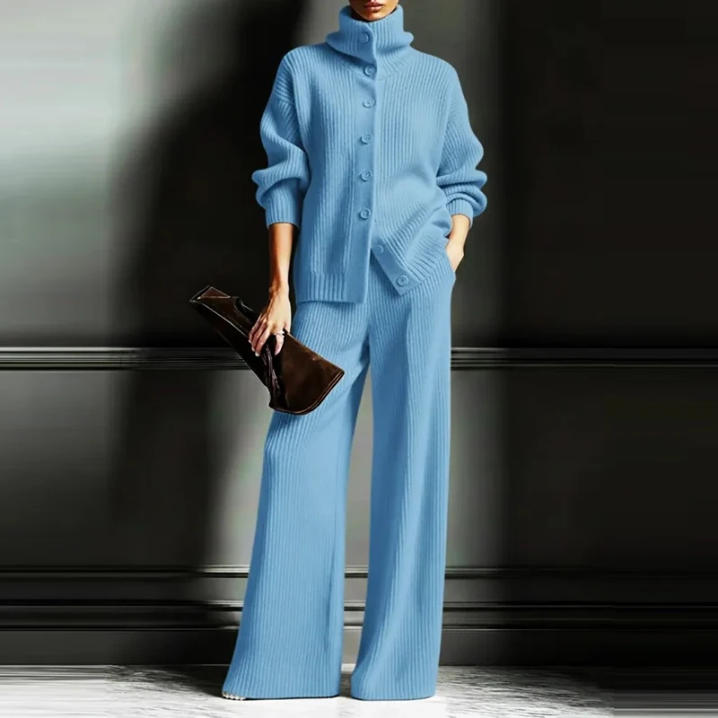 새로운 가을 겨울 두꺼운 패셔너블 여성 캐주얼 수트 루즈하고 편안한 울 하이넥 와이드 레그 세트